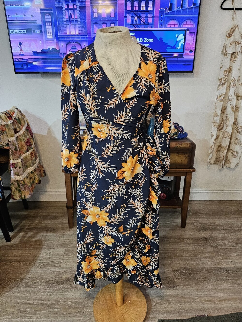 Francesca's Collections Navy Wrap Dress with Orange Fall Floral Print